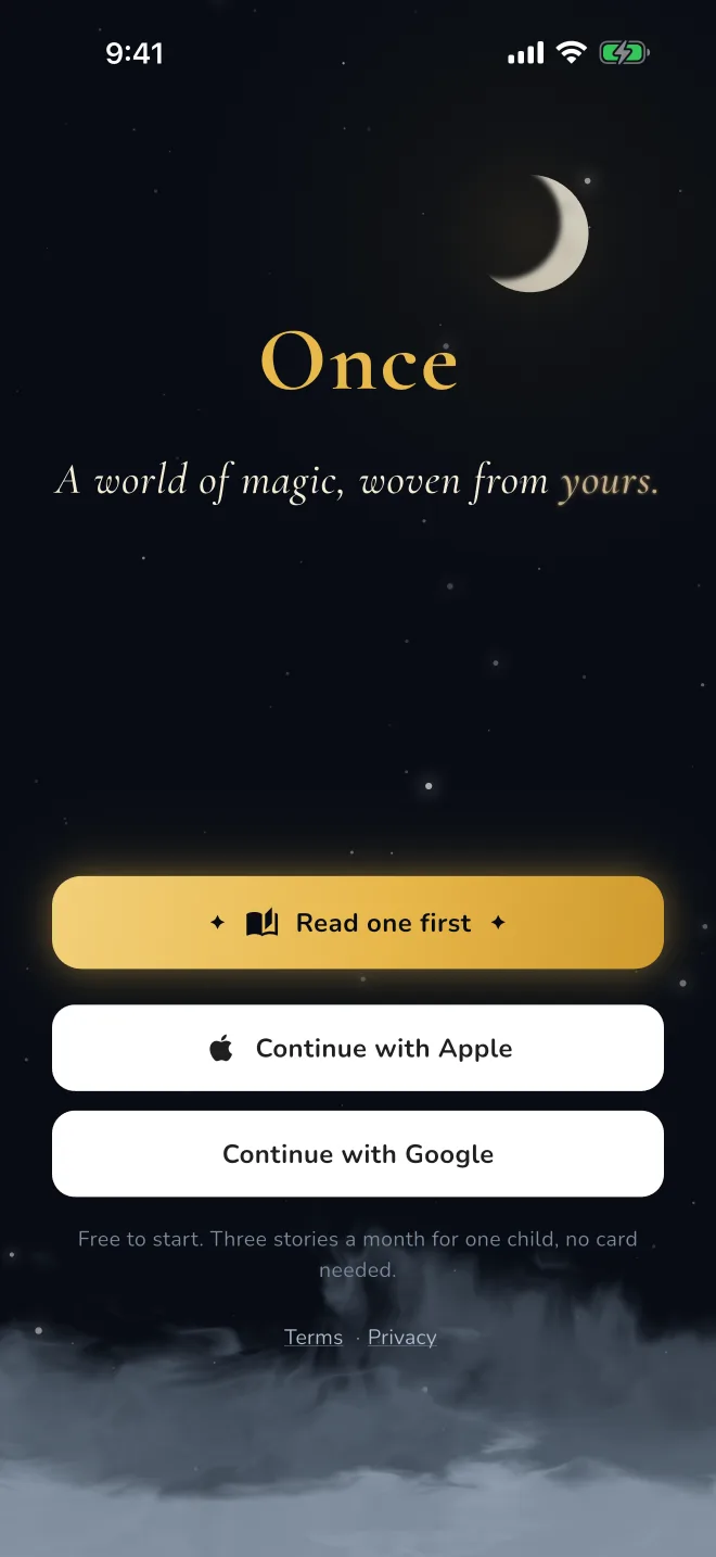 The Once welcome screen under its night sky
